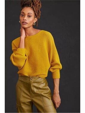 Anthropologie Ribbed Pullover Dolman Sleeve Jumper Golden Yellow Sweater